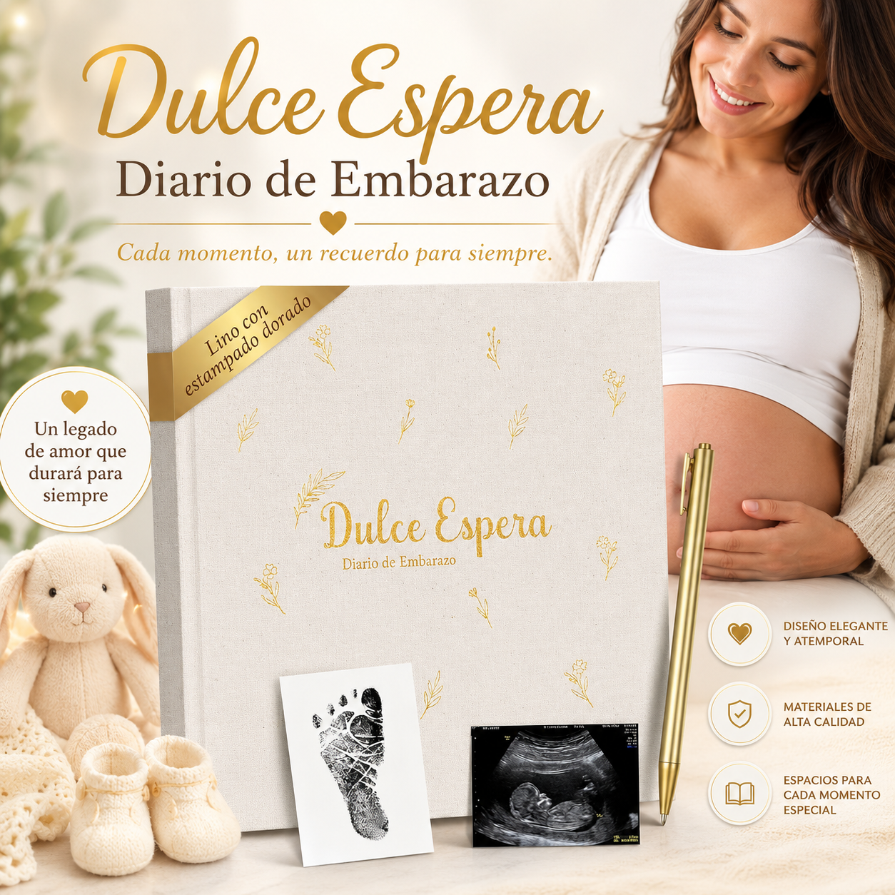 Diario de Embarazo Tapa de lino + Bóligrafo de Regalo